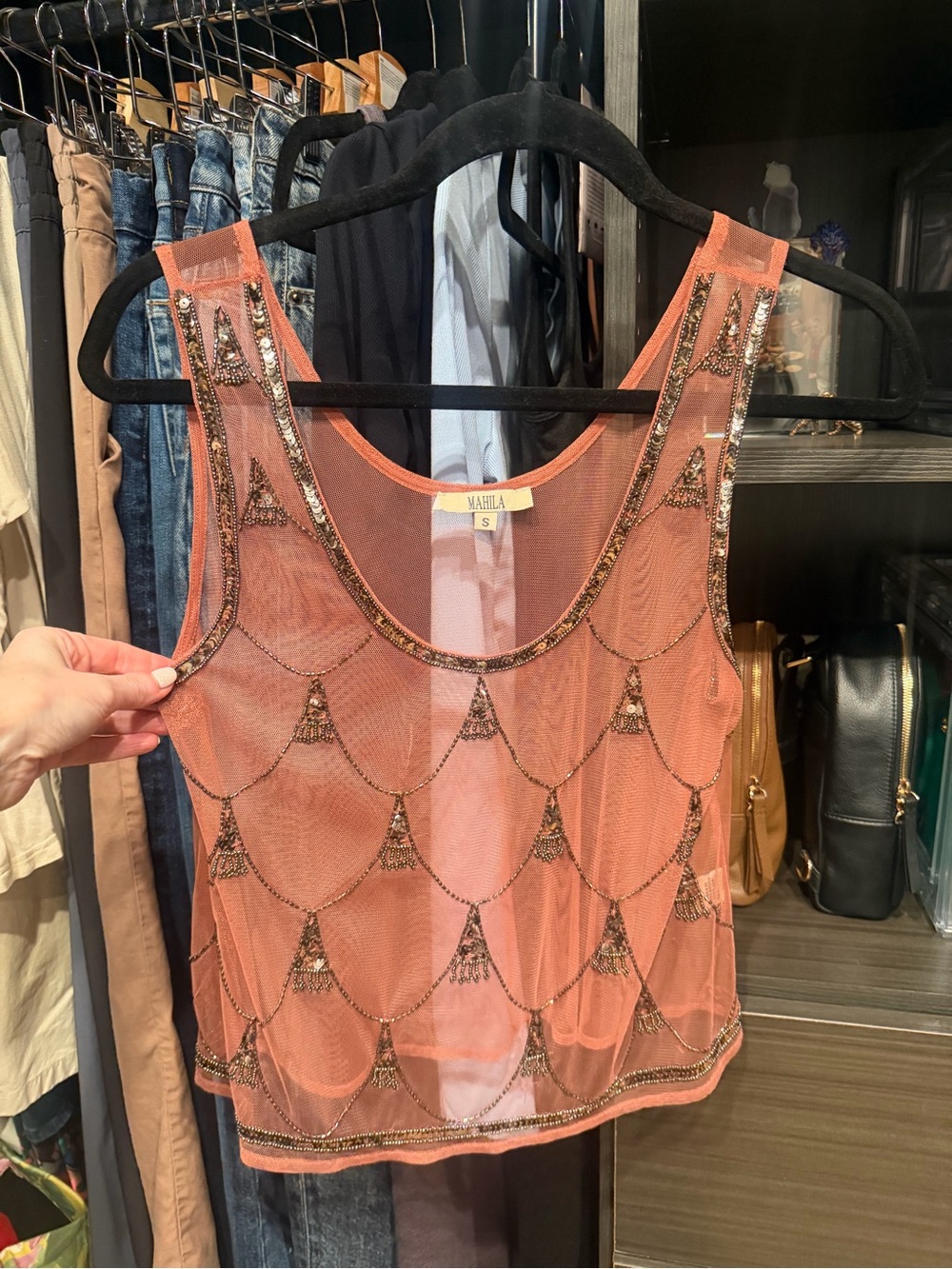 Mesh Scallop Beaded Tank Top — Rose-Tan